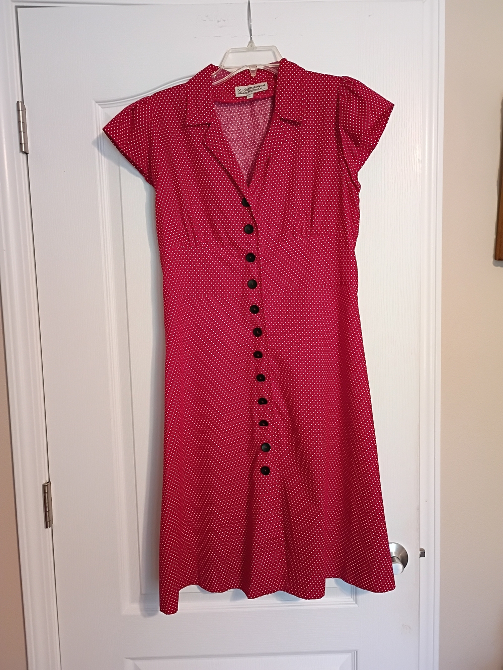 Retro-Style Red Polka Dot Midi Dress with Button Front